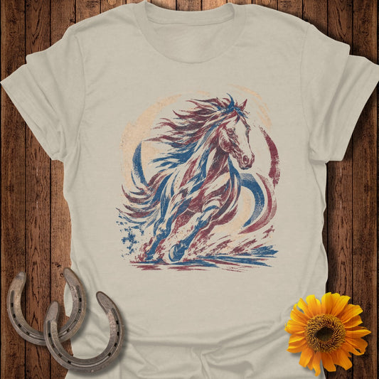 T-shirt with a stylized, galloping horse in red, white, and blue.