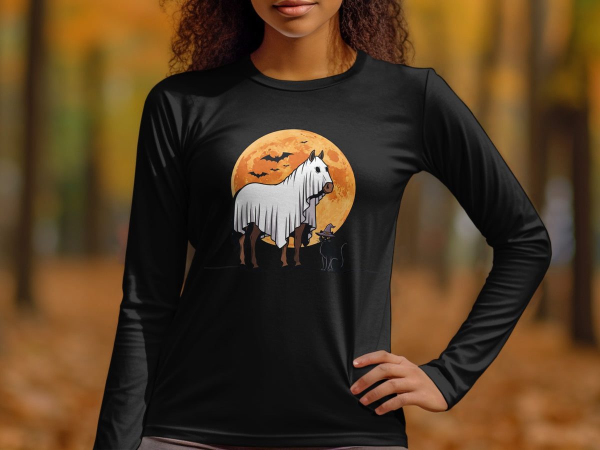Horse and cat Halloween graphic on black long-sleeve shirt with orange moon and bats.
