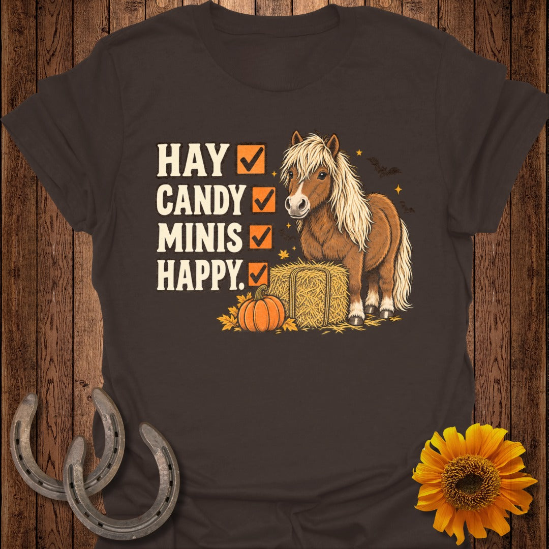 Miniature horse with hay, pumpkin, and text: Hay, Candy, Minis, Happy.