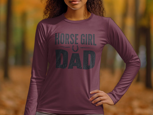 Maroon long-sleeve shirt with "HORSE GIRL DAD" and horseshoe graphic.