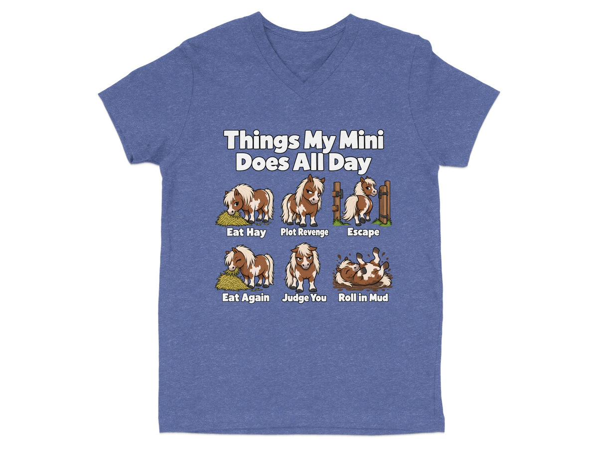 Heather blue V-neck t-shirt featuring graphic illustrations and text about a mini horse's daily activities.