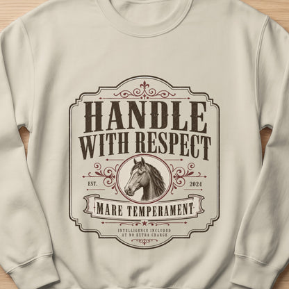 Cream sweatshirt with vintage design of horse head and text "Handle With Respect Mare Temperament"