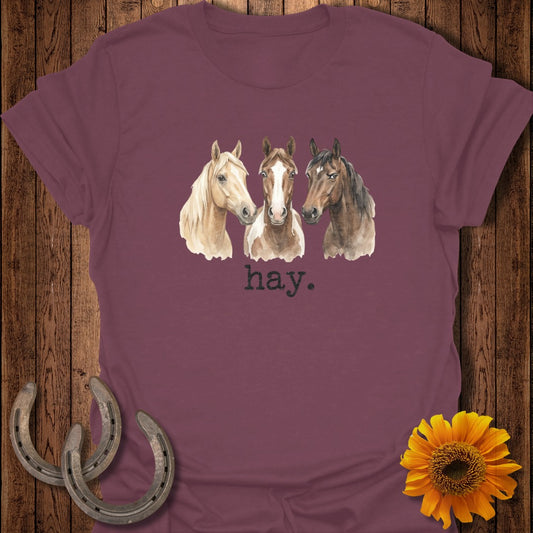 Three horses' heads in watercolor, with "hay." text below.