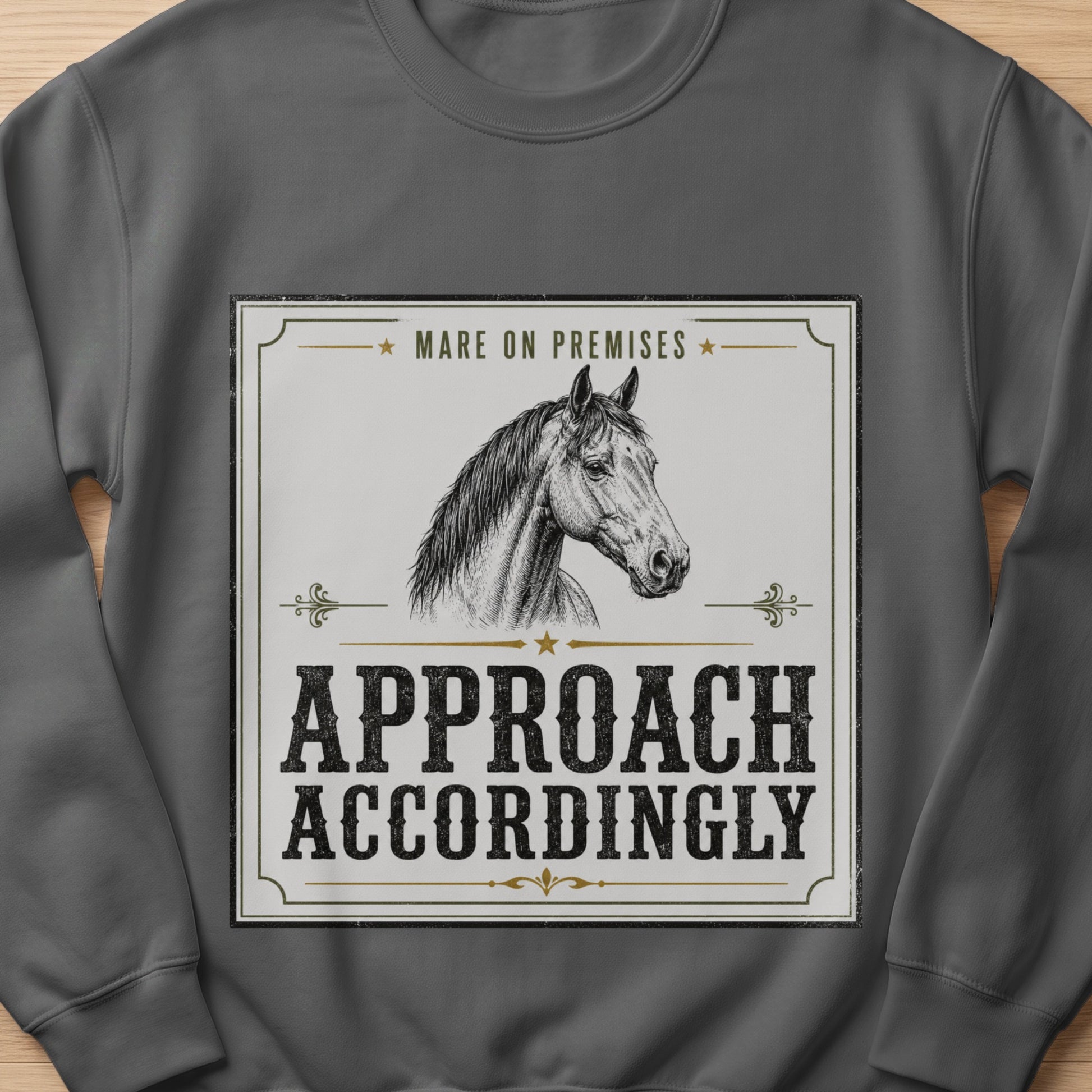Sweatshirt with a horse illustration and text: Mare on Premises, Approach Accordingly.
