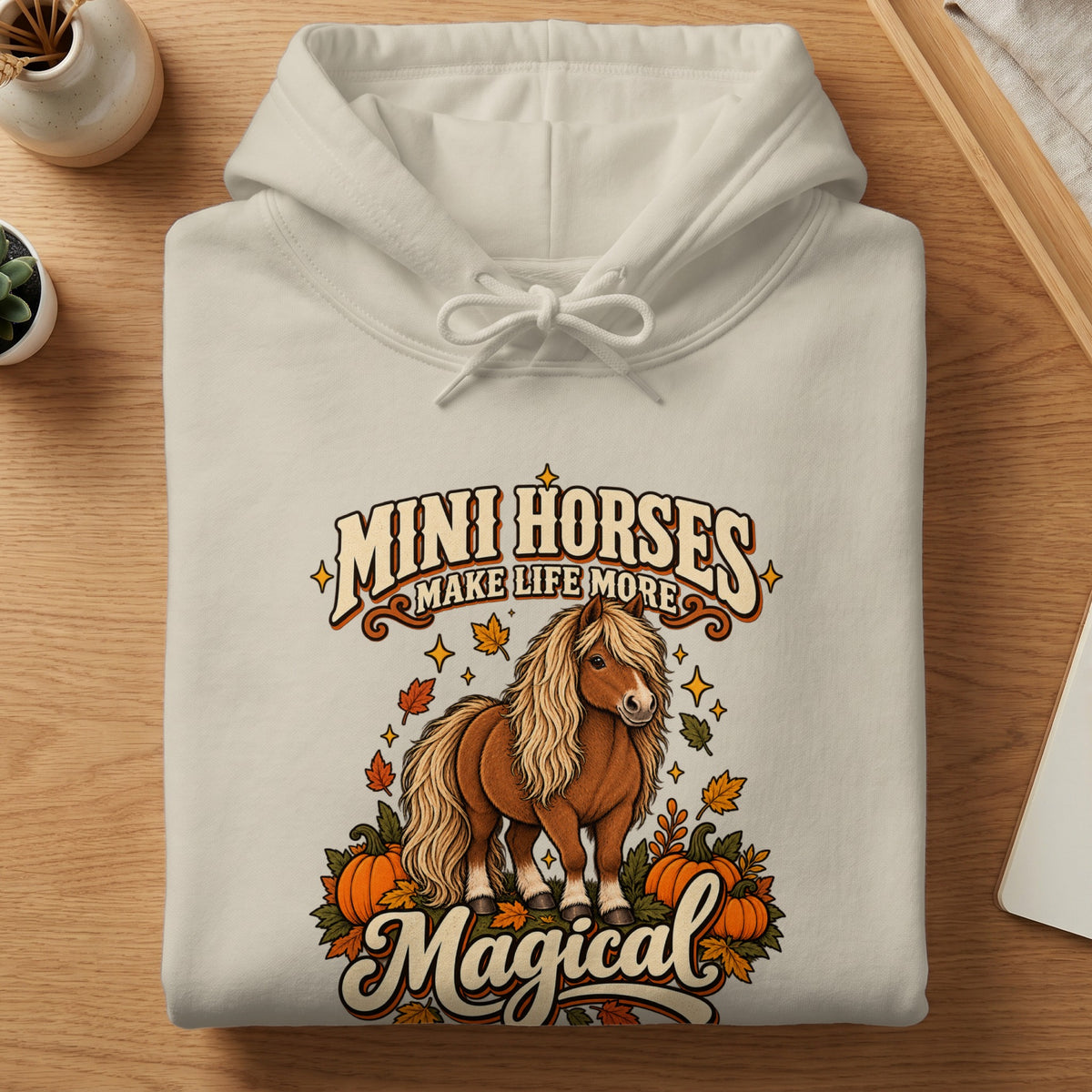 Cream hoodie with "Mini Horses Make Life More Magical" text and a mini horse illustration.