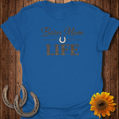 Blue t-shirt with "Barn Mom LIFE" text and a horseshoe graphic.