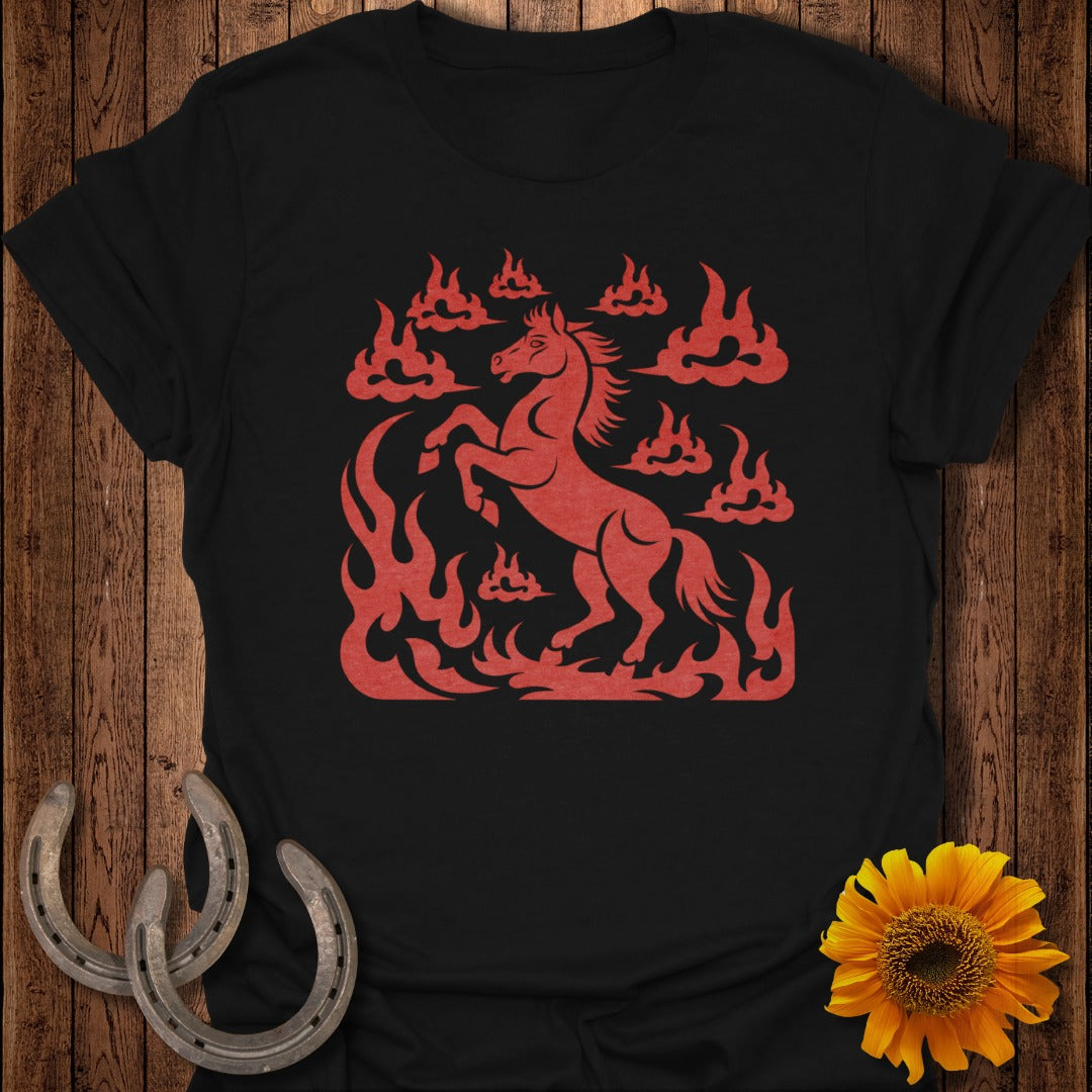 Black t-shirt with red horse and flame graphic.