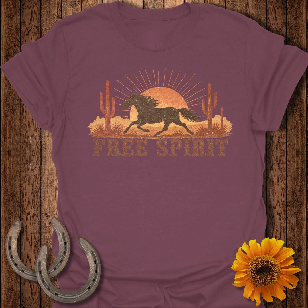 T-shirt with running horse, cacti, sunset, and "FREE SPIRIT" text.