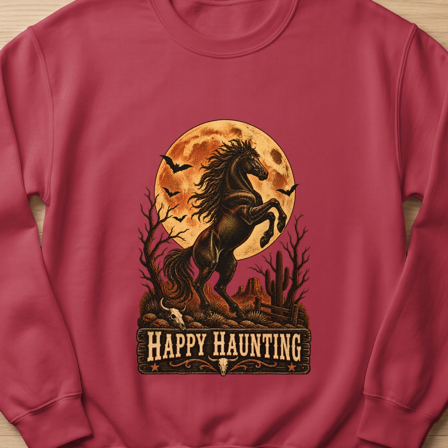 Black horse rearing with bats and moon, "Happy Haunting" text below.