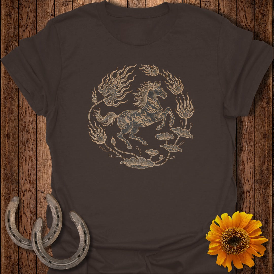 Dark t-shirt featuring a circular design of a horse surrounded by flames and lotus flowers.