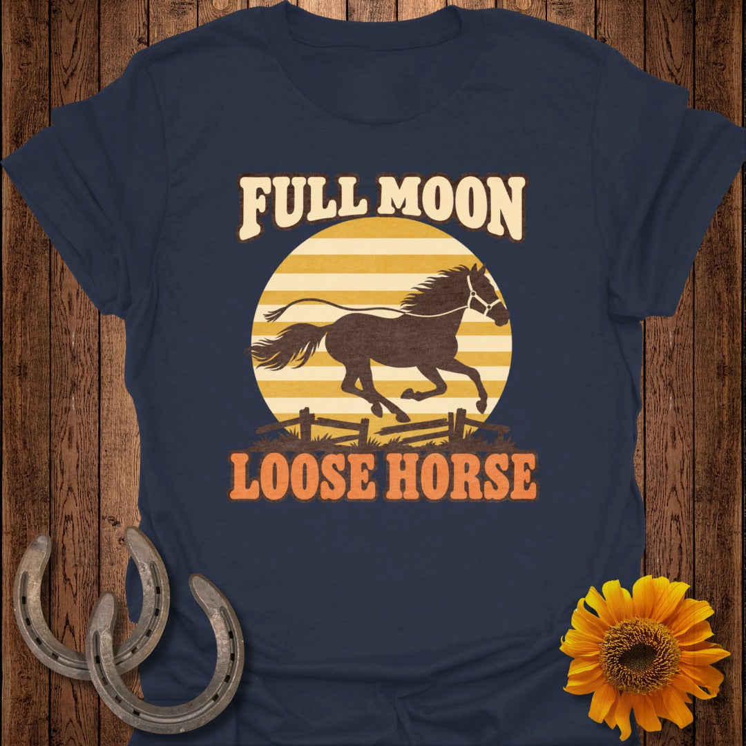 Dark blue t-shirt with "FULL MOON LOOSE HORSE" text and a running horse graphic.