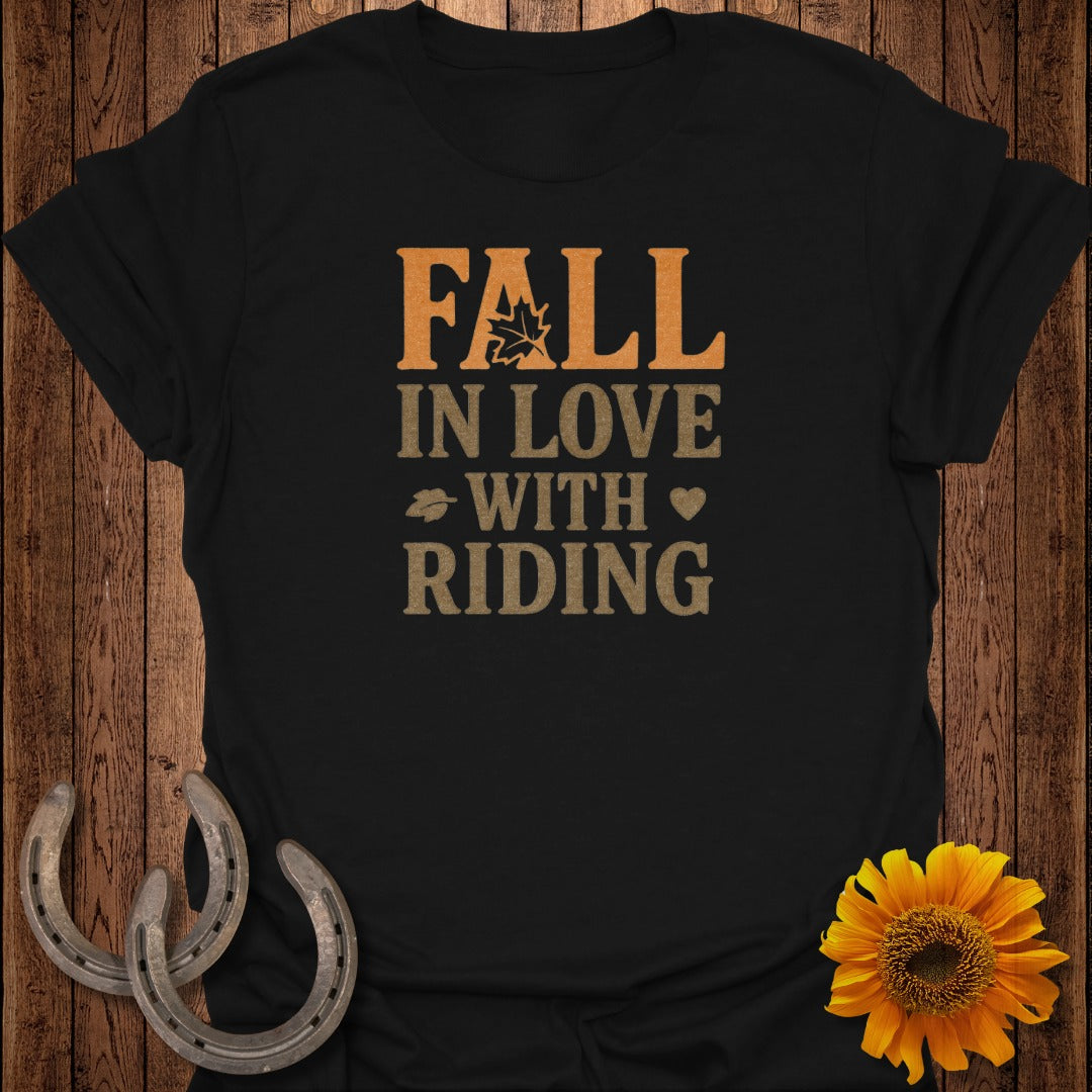 Black t-shirt with "Fall In Love With Riding" text and horse-themed graphics.