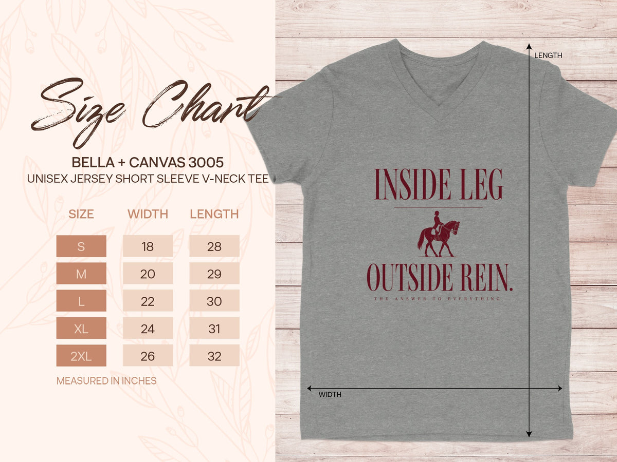 Size chart for Bella+Canvas 3005 unisex v-neck tee with "Inside Leg Outside Rein" graphic.