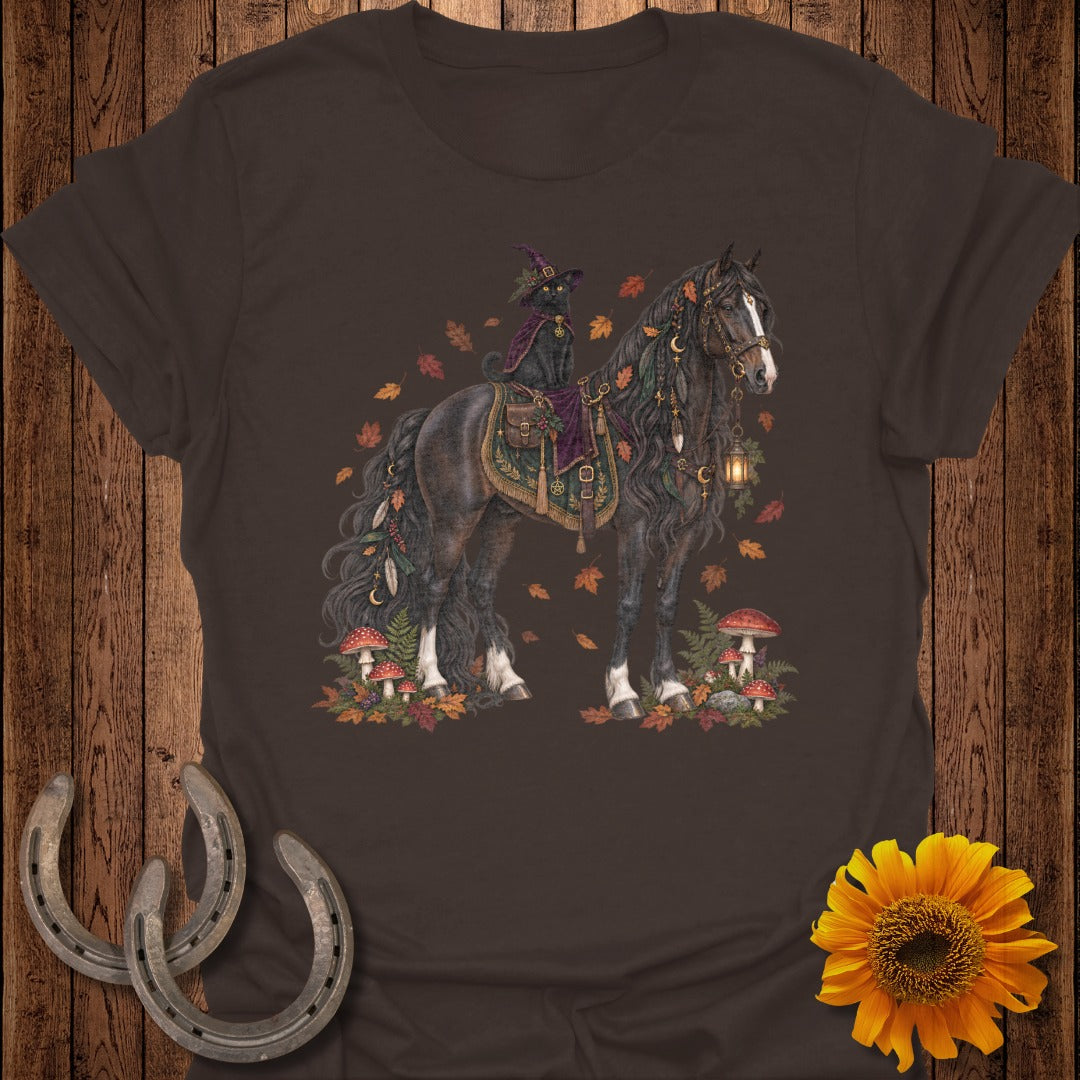 Black cat in witch hat rides decorated horse with autumn leaves and mushrooms.