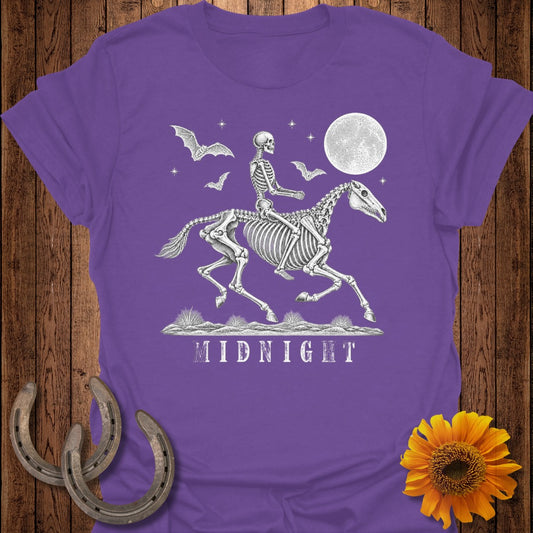 Skeleton rides horse under moon with bats and text "MIDNIGHT".