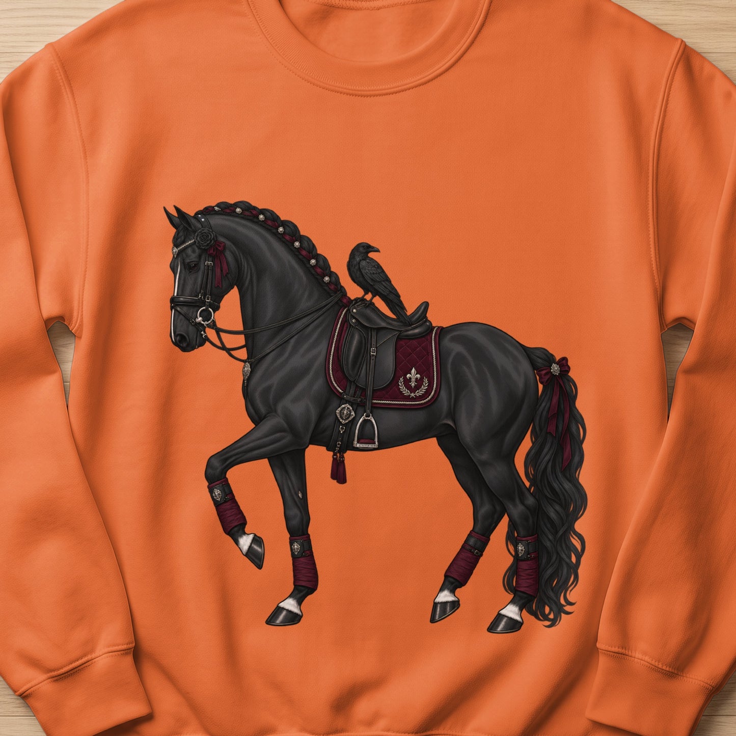 Black horse with raven on saddle against orange background.