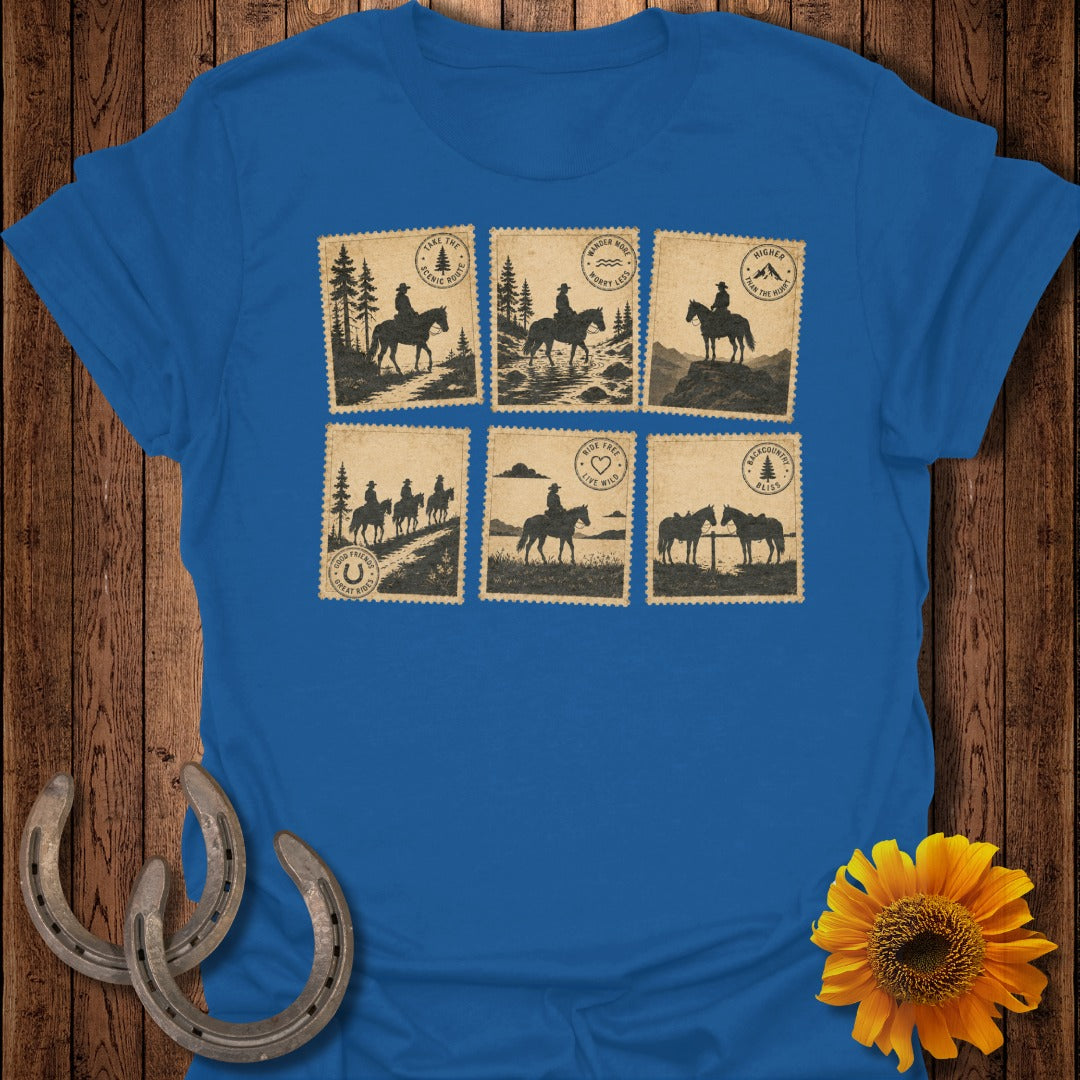Blue t-shirt with six stamp-like graphics of cowboys on horses.