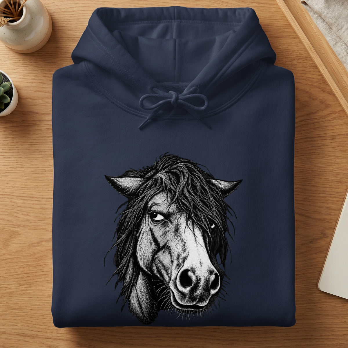 A folded dark blue hoodie featuring a black and white illustration of a horse head.