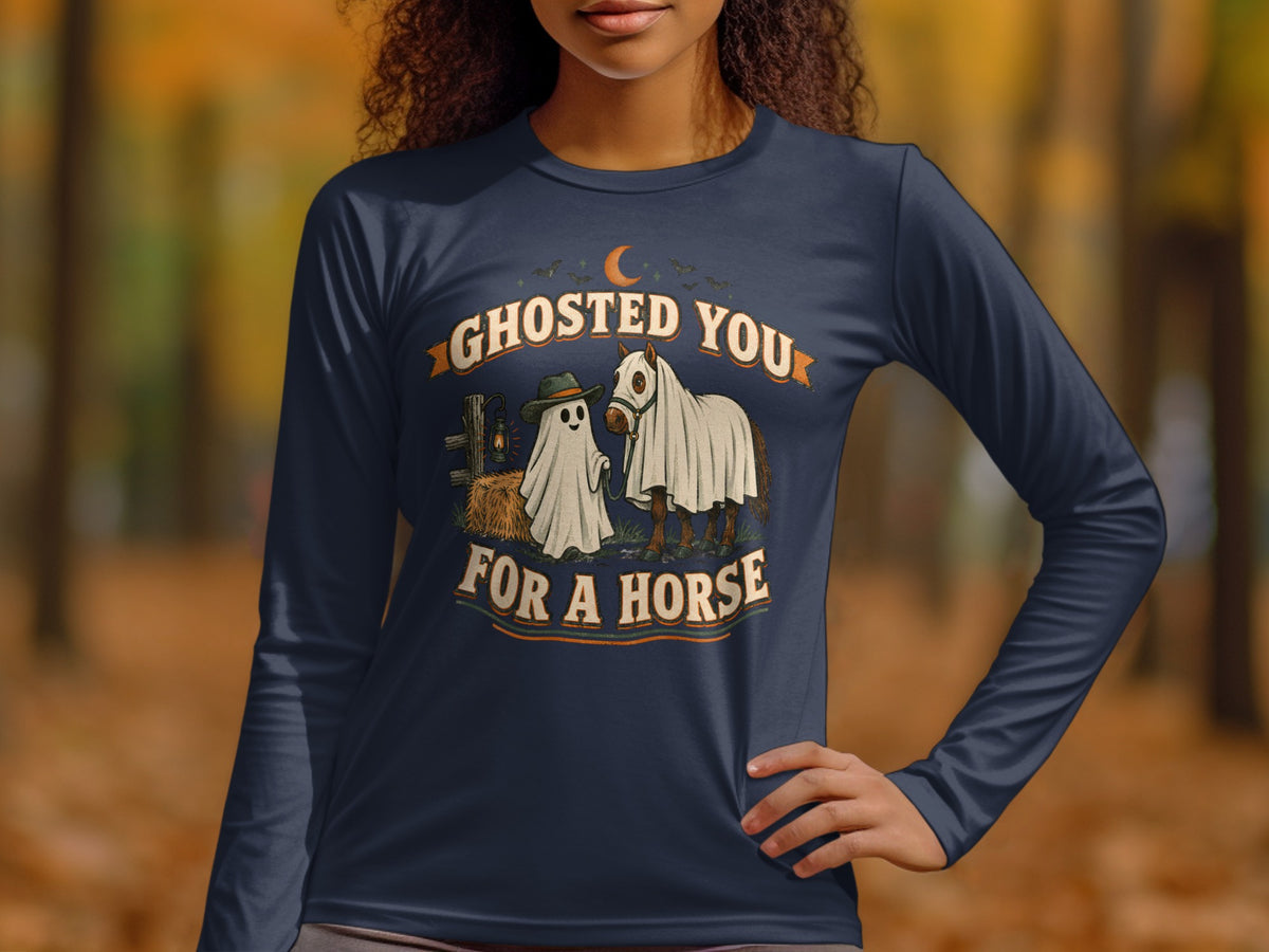Ghosted You For A Horse Halloween graphic on a navy long-sleeve shirt.