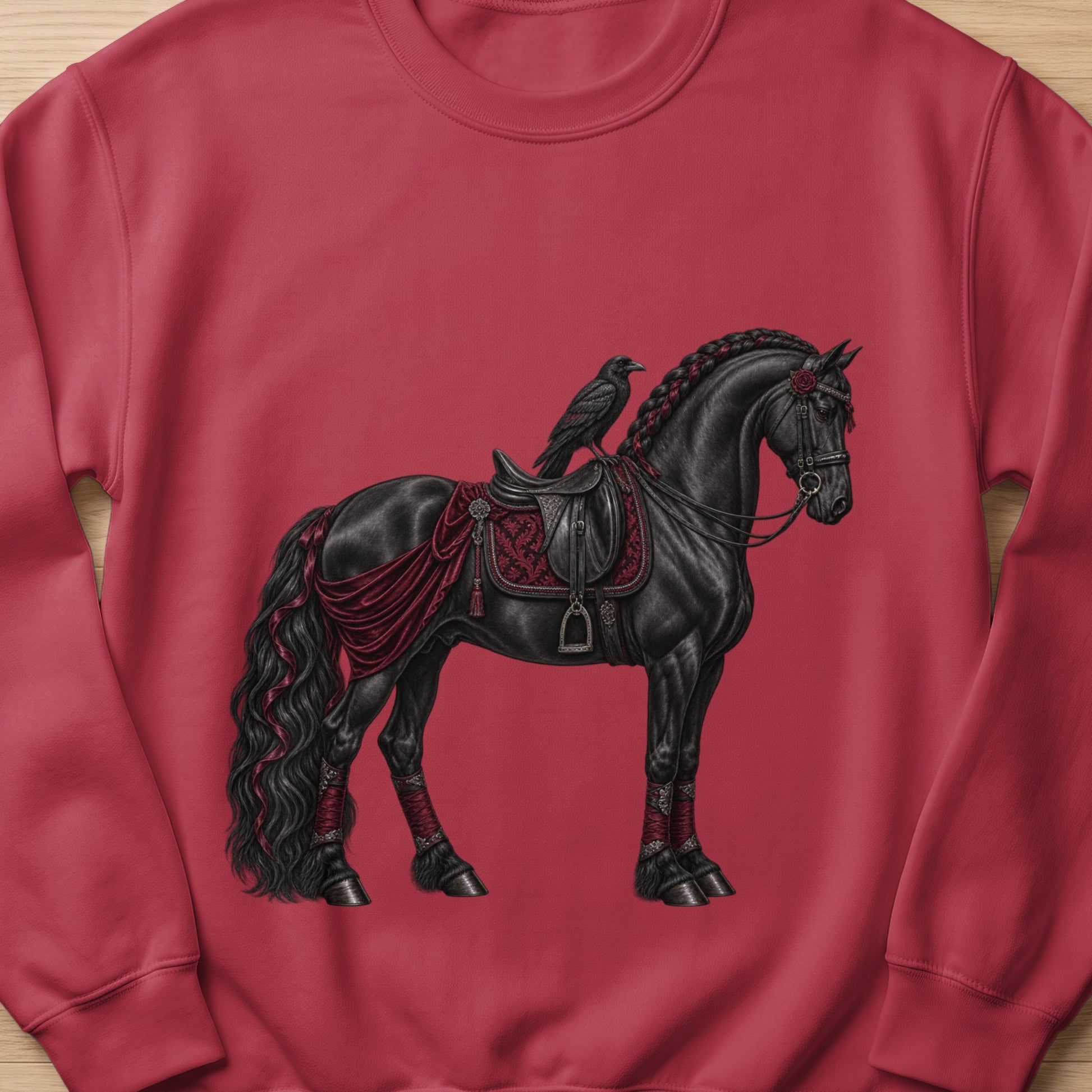 Black horse with raven on saddle, decorated with red drapery and roses.