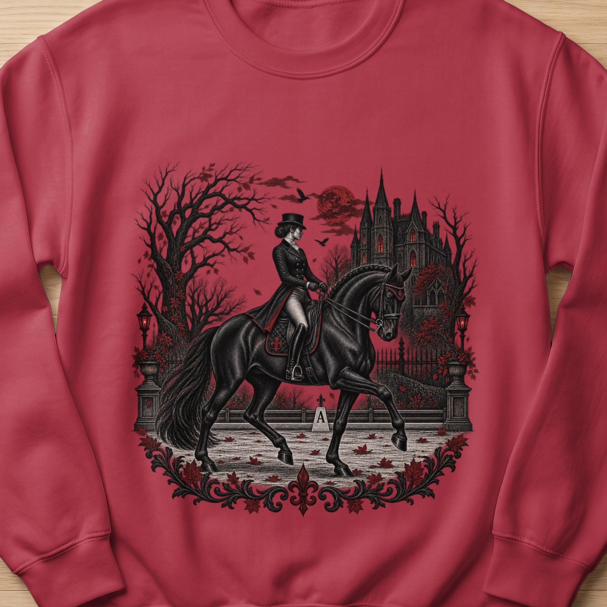 Black horse and rider in Victorian attire near a gothic castle.