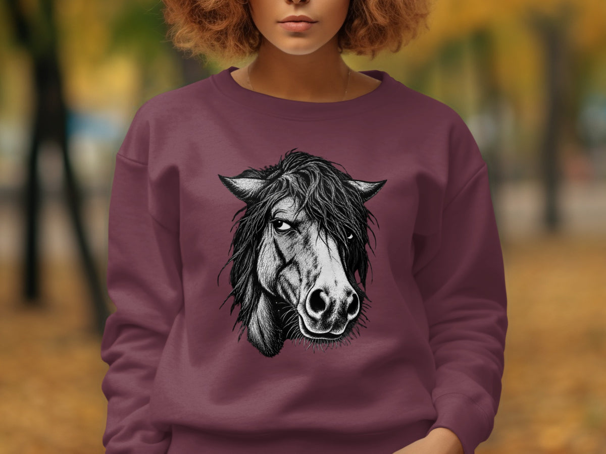 Maroon sweatshirt with a black and white drawing of a horse's head.