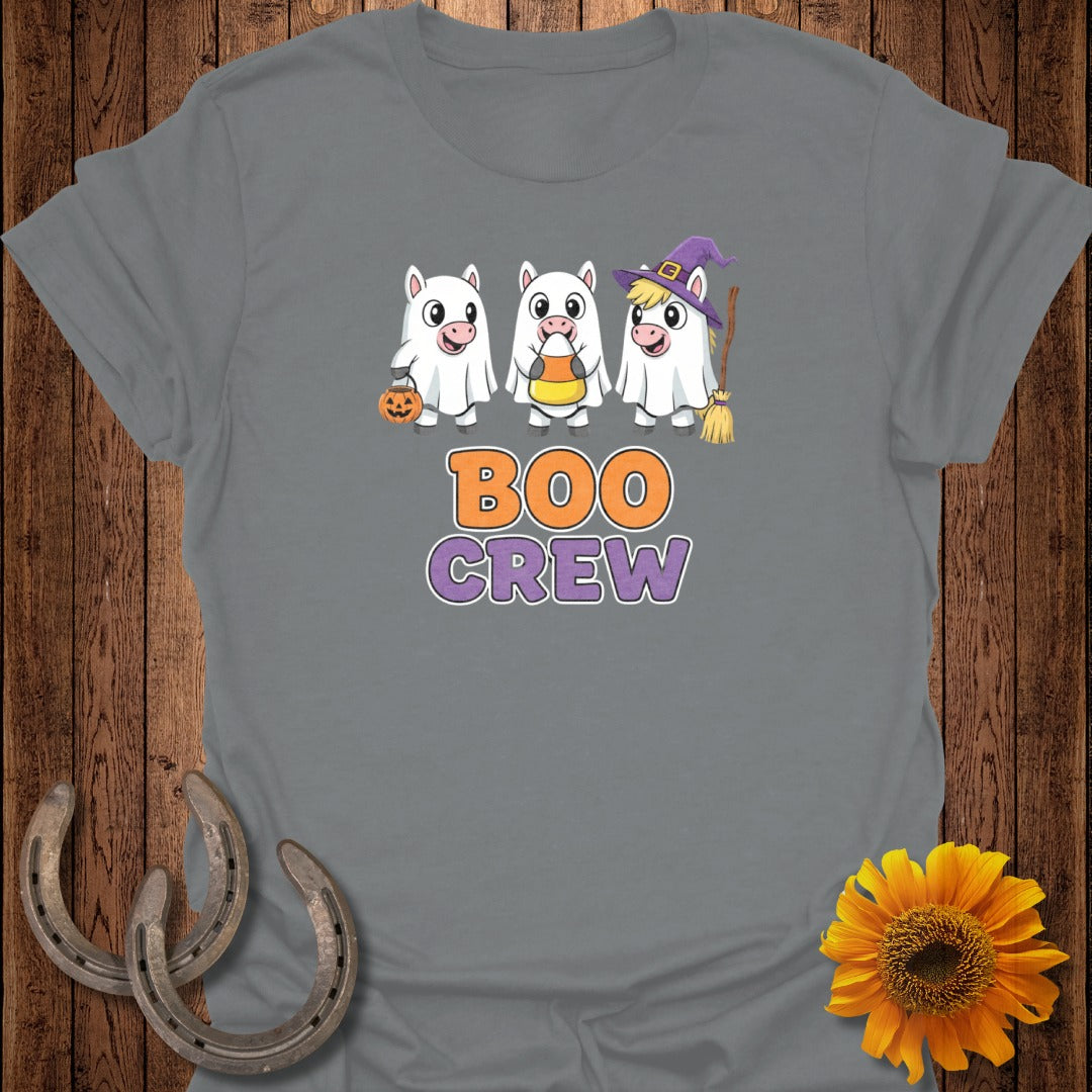 Three pigs dressed as ghosts with "Boo Crew" text.