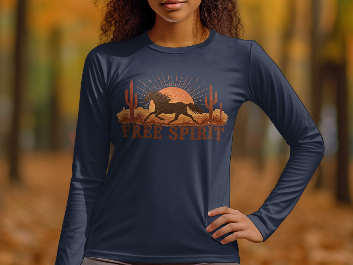 Navy long sleeve shirt with desert graphic and "Free Spirit" text.