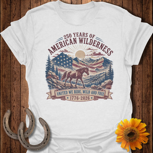 White t-shirt with "250 Years of American Wilderness" and horse graphic.