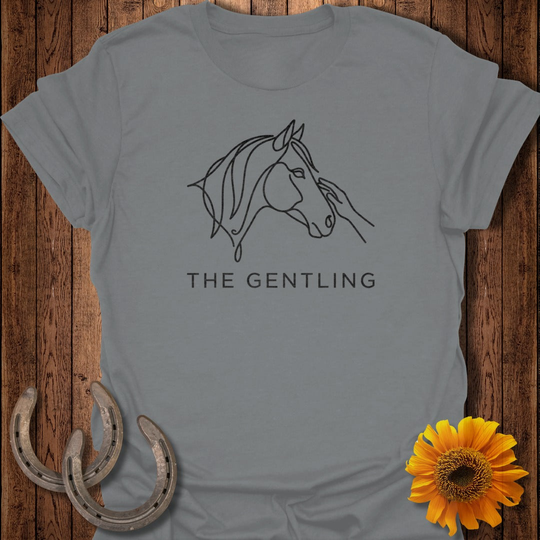 Grey t-shirt with line drawing of horse head and hand, text reads THE GENTLING.