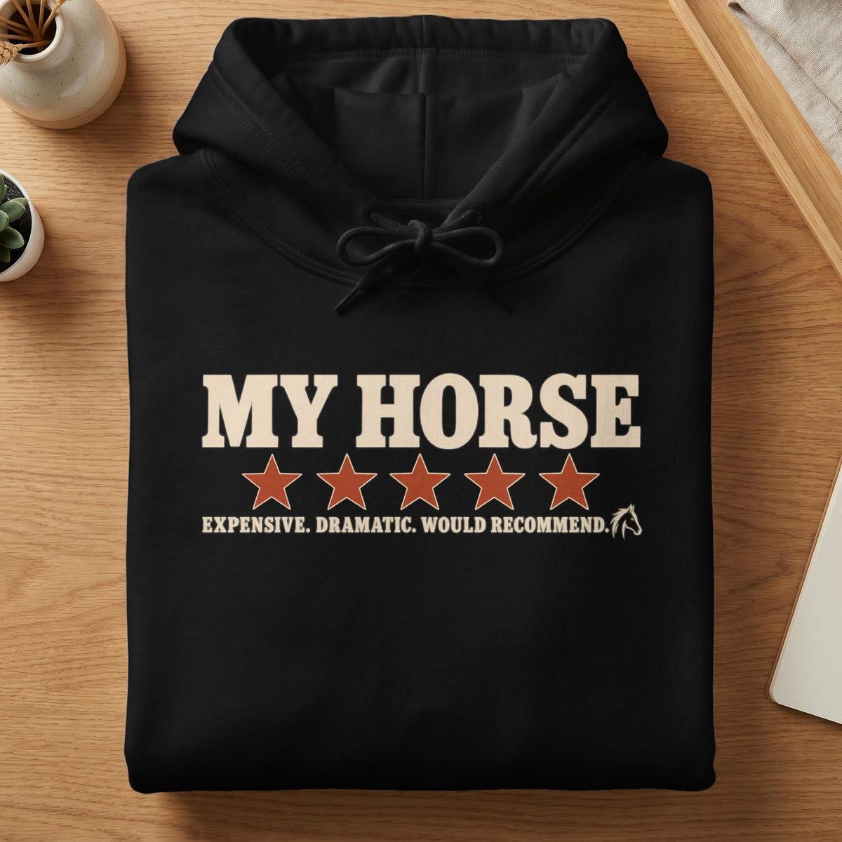 Black hoodie with "MY HORSE" text and five rating stars.