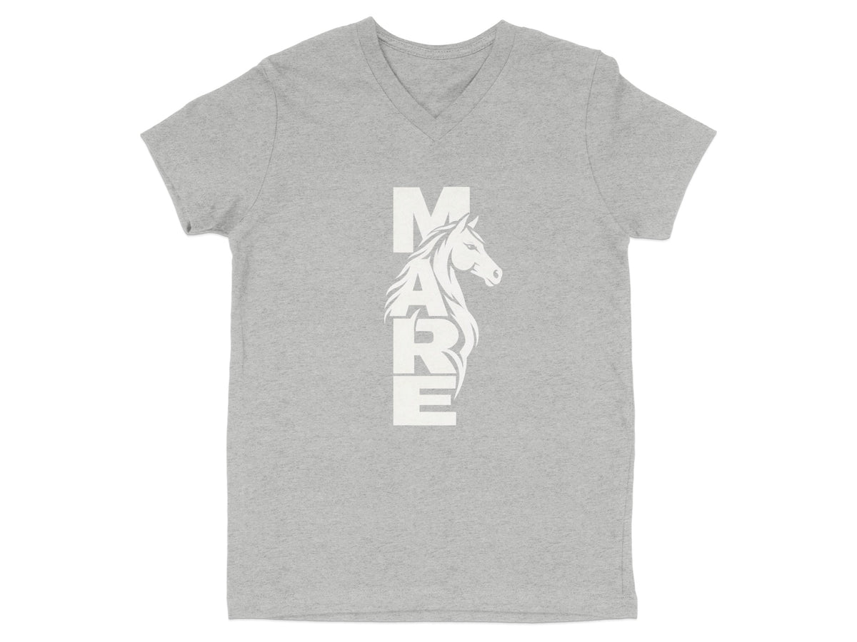 Heather grey short-sleeved V-neck t-shirt featuring a white graphic of a horse and vertical text that spells MARE.
