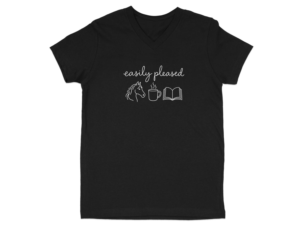 Black t-shirt with "easily pleased" text, horse, coffee cup, and book icons.