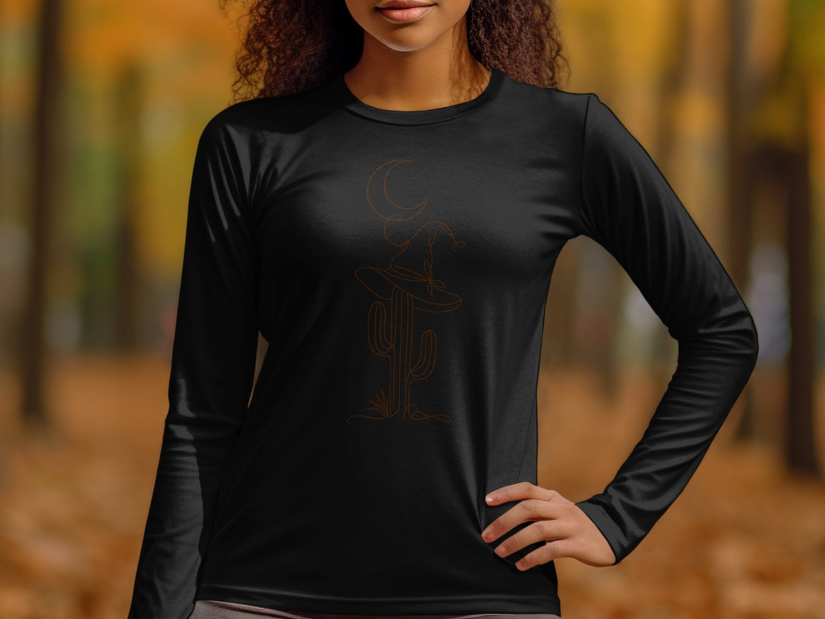 Black long-sleeve shirt with a minimalist line drawing of a cactus, witch hat, and crescent moon.