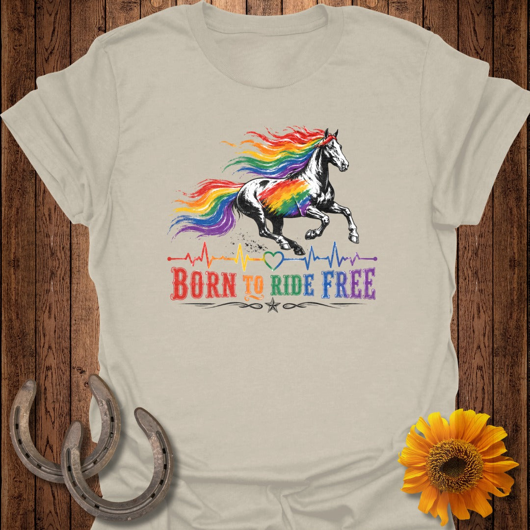 T-shirt graphic with a rainbow-maned horse and "BORN TO RIDE FREE" text.