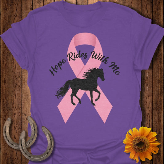 Purple t-shirt with pink ribbon, black horse silhouette, and "Hope Rides With Me" text.
