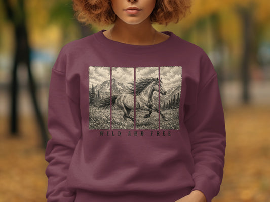 Maroon sweatshirt with a running horse, mountains, and "WILD AND FREE" text.