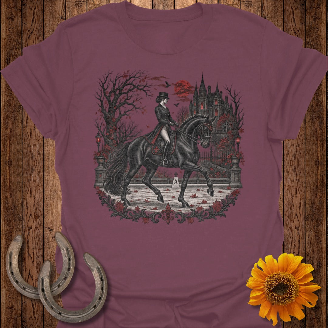 Victorian rider on black horse in front of gothic castle with red moon.