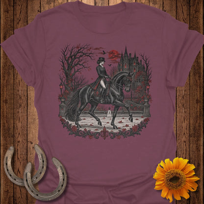 Victorian rider on black horse in front of gothic castle with red moon.