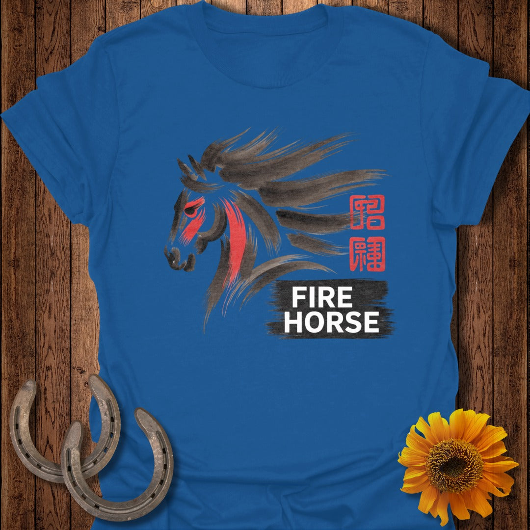 Blue t-shirt with a black and red abstract horse head and Chinese characters.
