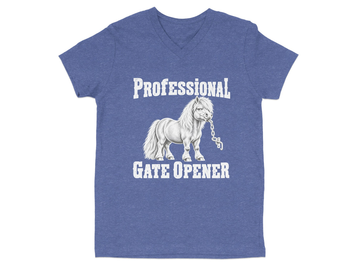 Heather blue V-neck T-shirt featuring a sketch of a pony holding a chain with the text PROFESSIONAL GATE OPENER.