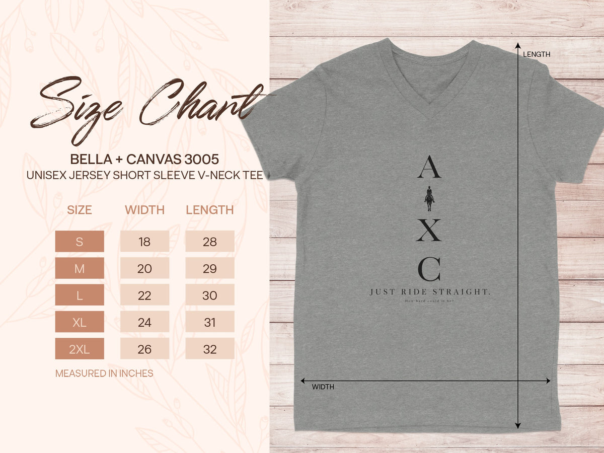 Bella + Canvas 3005 unisex v-neck tee size chart with width and length measurements.