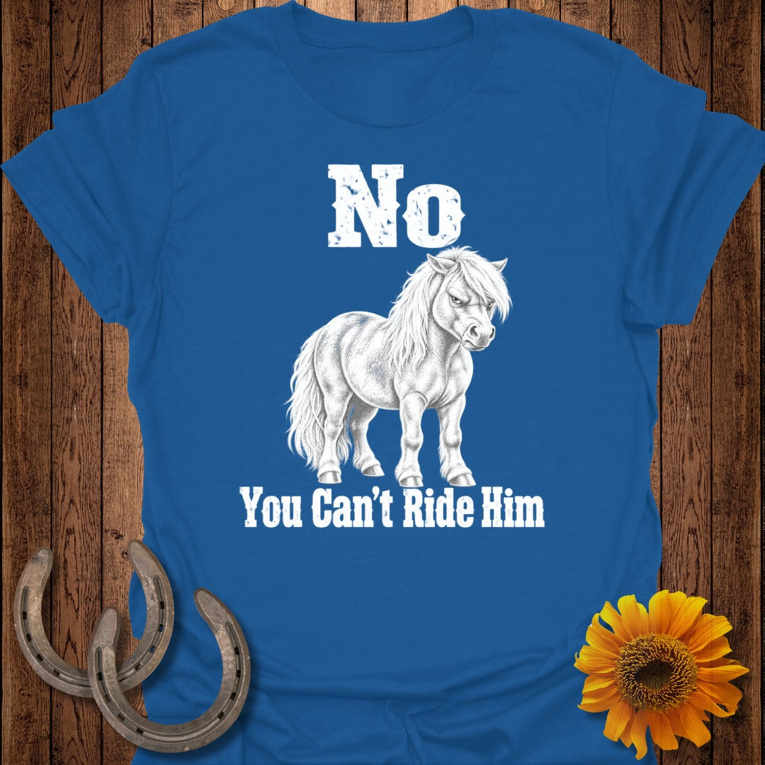 Blue t-shirt with white text and a drawing of a pony that says "No You Can't Ride Him".