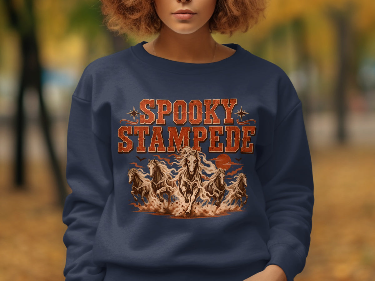 Navy sweatshirt with "Spooky Stampede" text and galloping horses graphic.
