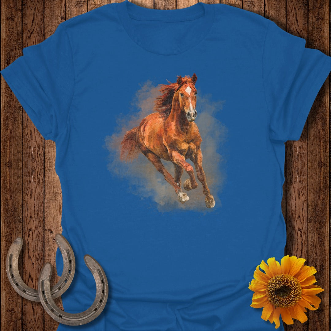 Brown horse with white blaze running, framed by horseshoes and sunflower.