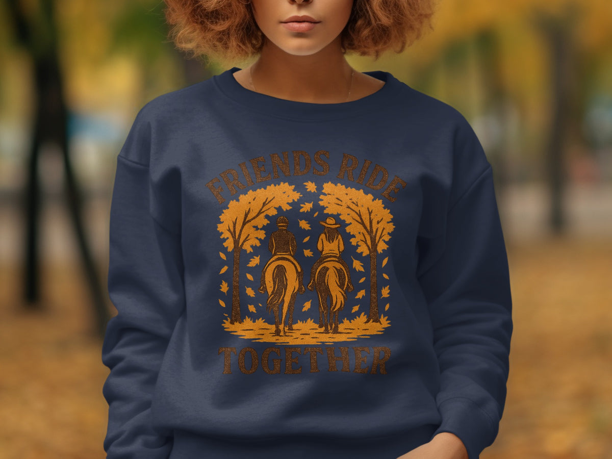 Navy sweatshirt with "Friends Ride Together" text and horseback riders.