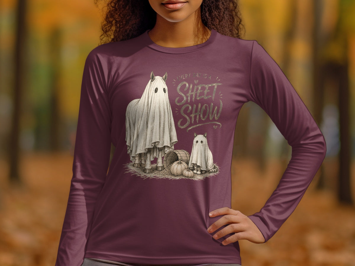 Long sleeve burgundy t-shirt with ghost horse and cat graphic and "Sheet Show" text.