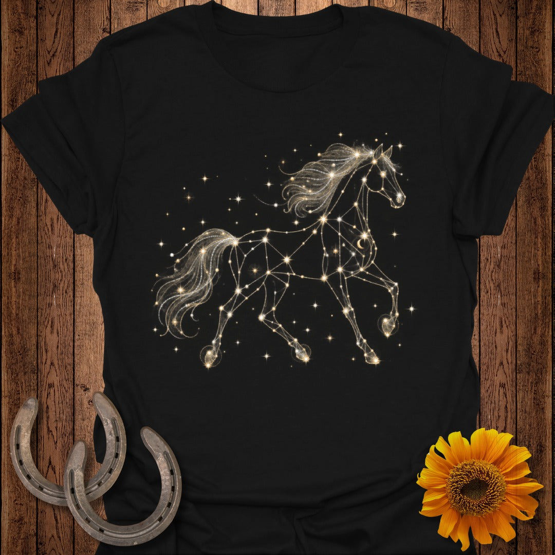 Black t-shirt with a glowing horse constellation graphic and a sunflower.