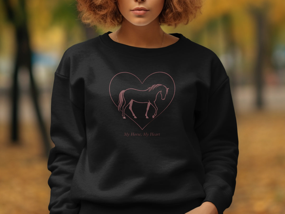 Black sweatshirt with a pink horse silhouette inside a heart and text.