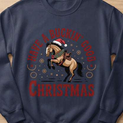 Bucking horse wearing Santa hat and wreath with "Have a Buckin' Good Christmas" text.